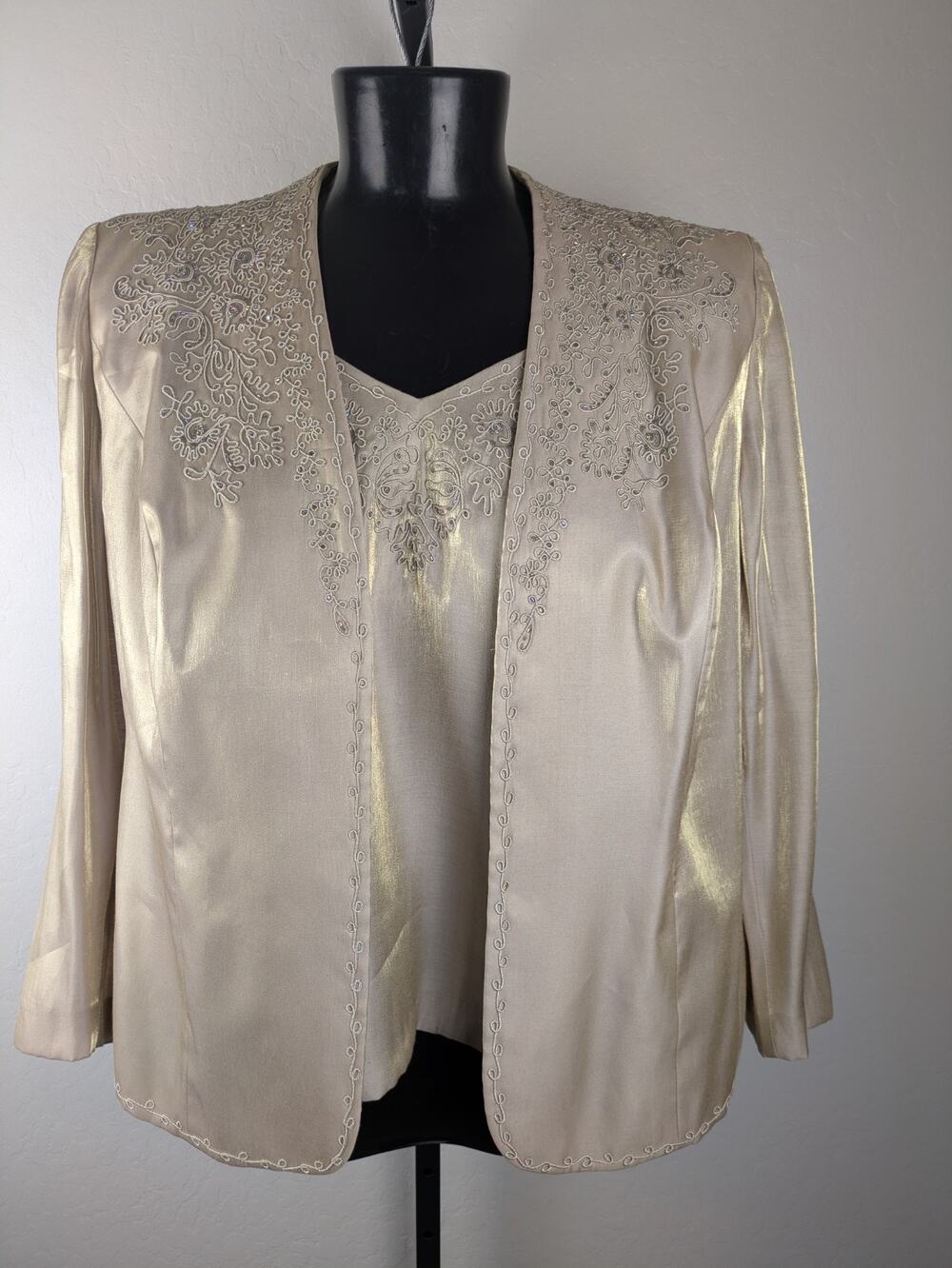 Alex Evenings Womens beige gold metallic jacket tank set embroidery beaded 2X